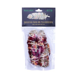 Vibrant smudge bundle with Himalayan sage, orange peel, and rose petals.