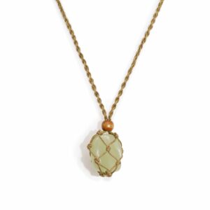 Adjustable sand necklace cord with macrame wrap and wooden bead for gemstone display.