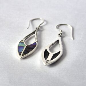 Elegant abalone shell and silver spear drop earrings for a stylish look.