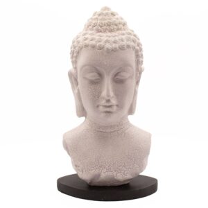 Lavender crackle Buddha bust lamp on an oval stand for serene interiors.