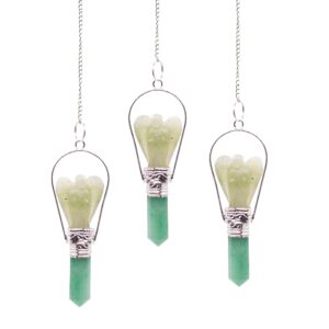Green aventurine angel pendulum with silver-tone detailing and protective ring.