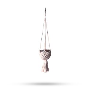 Beige macrame pot holder, perfect for displaying plants in your home.
