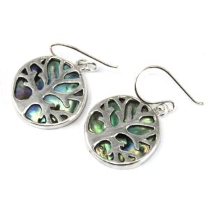 Silver earrings featuring a Tree of Life design with abalone detail.