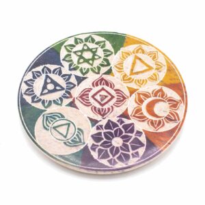 Soapstone disc incense holder featuring seven chakra symbols for a serene atmosphere.