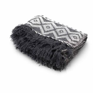 Grey geometric throw with bold diamond motifs and dark tassel fringe.