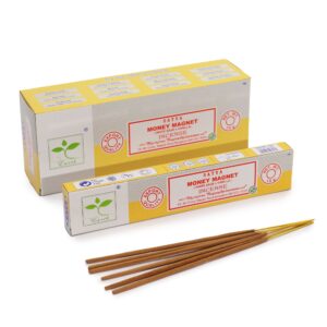 Satya Incense pack featuring Money Magnet scent with white sage and vanilla.