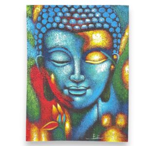 Vibrant blue and gold Buddha painting with a glowing flower detail.