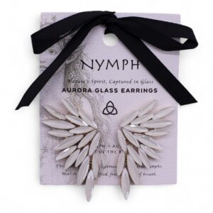 Elegant pearl earrings with vintage glass and angel wing design.