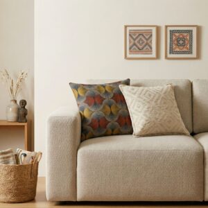 Neutral geometric cushion cover in soft cream tones for a calm home decor.