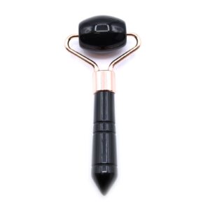 Black obsidian mini roller for facial massage in a sleek design.