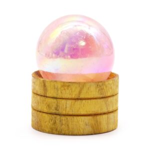 Rose Quartz Titanium Aura gemstone sphere with a stand, perfect for home decor.