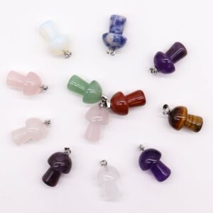 Assorted gemstone mushroom pendants in various colours and patterns.
