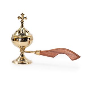 Brass censer incense burner with wooden handle and cross finial