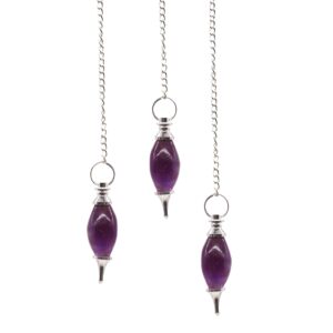 Amethyst lingam shaped gemstone pendulum for spiritual practices.