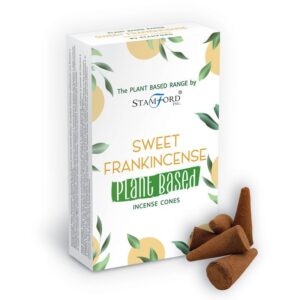 Aromatic plant-based incense cones with a sweet frankincense scent.