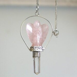 Rose quartz angel pendulum with silver-tone detailing and protective ring.