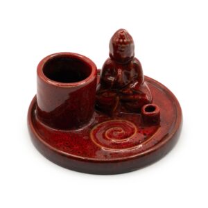 Ceramic soft red Buddha incense plate for mindfulness and home decor.