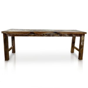 Hand-crafted recycled teakwood dining table with rustic finish and unique details.