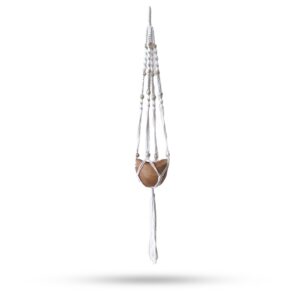 Natural macrame pot holder with beads, perfect for indoor plants.