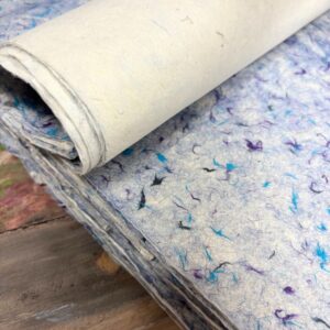 Handmade blue Lokta craft paper with a marbled texture for creative projects.