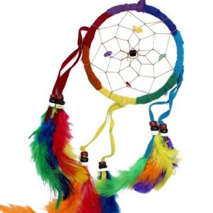 Medium round rainbow dreamcatcher with intricate details for home decor.