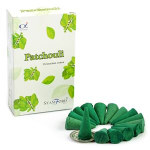 Stamford Premium Patchouli Incense Cones with a metal holder for home fragrance.