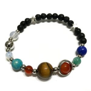 Lava stone bracelet featuring silver accents and a variety of gemstones.