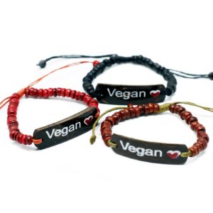 Unique coco beaded stretch bracelet featuring vegan slogans from Bali.