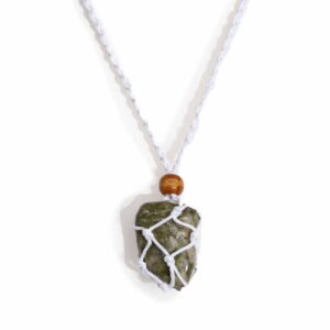 Elegant white necklace cord with macrame netting and wooden bead.