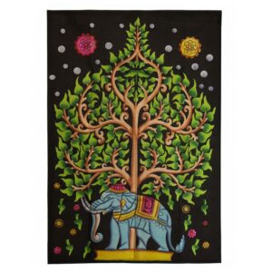 Bright wall art featuring a detailed Tree of Life and a decorated elephant.