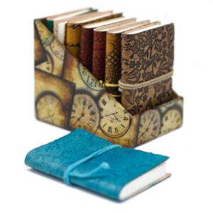 Mini assorted leather notebook with unique design and metal clasps.