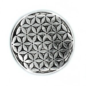Polished aluminium incense holder featuring the Flower of Life design.