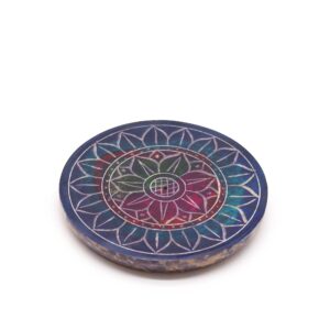 Elegant soapstone disc incense holder featuring a lotus design.
