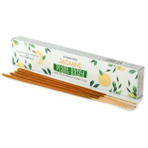 Jasmine-scented plant-based masala incense sticks in a decorative box.