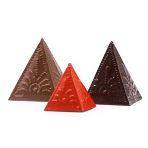 Set of three incense powder moulds in light brown and dark brown colours.