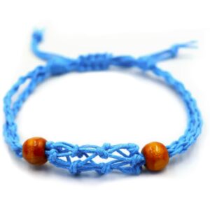 Blue crystal gemstone bracelet cord with wooden beads and net-like design.