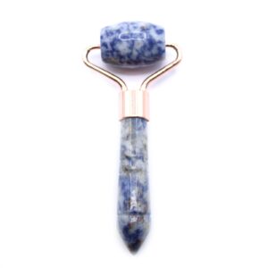 Sodalite mini roller for targeted facial massage with unique blue and white design.