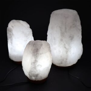 Himalayan salt lamp with a warm glow, perfect for home decor and relaxation.