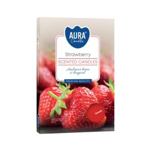 A set of six strawberry-scented tealights in decorative holders.