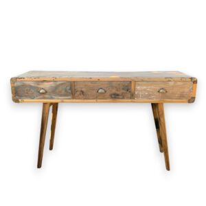 Hand-made console table from recycled teak wood with three drawers.