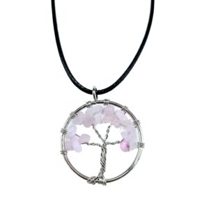 Rose Quartz Tree of Life Pendant with delicate branches and gemstone
