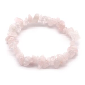 Stylish rose quartz chipstone bracelet on a neutral background.