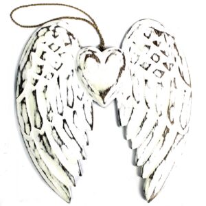 Hand crafted vintage-style angel wings in distressed wood for home decoration.