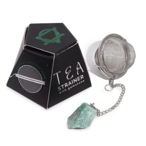Green Aventurine raw crystal gemstone tea strainer with stainless-steel mesh.