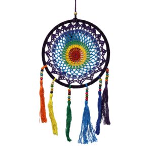 Vivid rainbow small dreamcatcher with intricate designs, perfect for home decor.