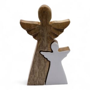 Hand-carved mango wood angel with white enamel detailing, symbolising love and connection.