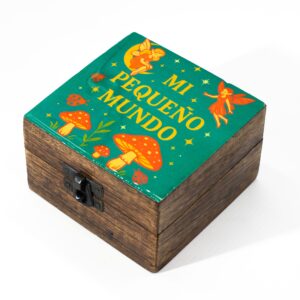 Small mango wood box with an enamelled lid featuring whimsical designs.