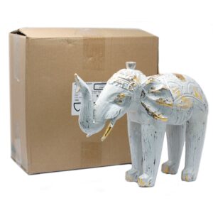 Hand carved white and turquoise elephant ornament with golden glitter.