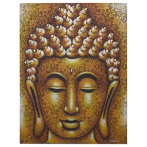 Elegant Buddha painting with gold brocade detail, perfect for home decor.