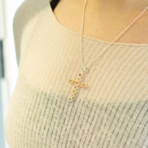 Silver plated crucifix pendant with citrine-style stones on a 45cm chain.